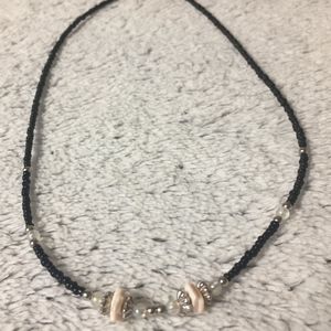 Black Beaded Necklace with Pink/White/Silver Beads